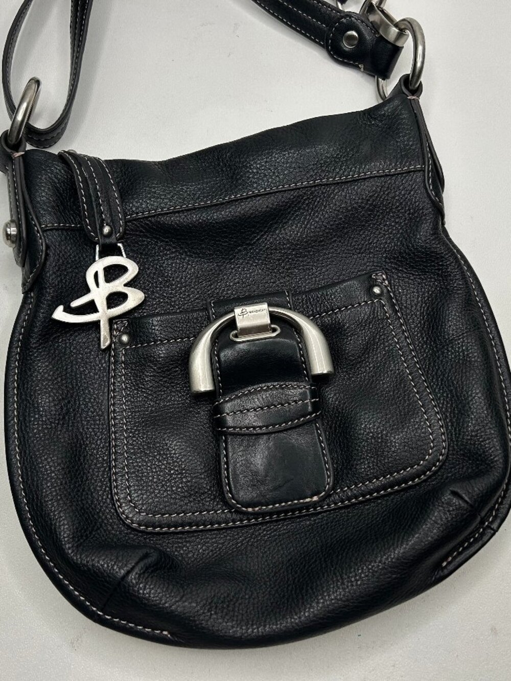 B. MAKOWSKY Black Pebble Leather Crossbody/Shoulder Bag Large Buckle Accent